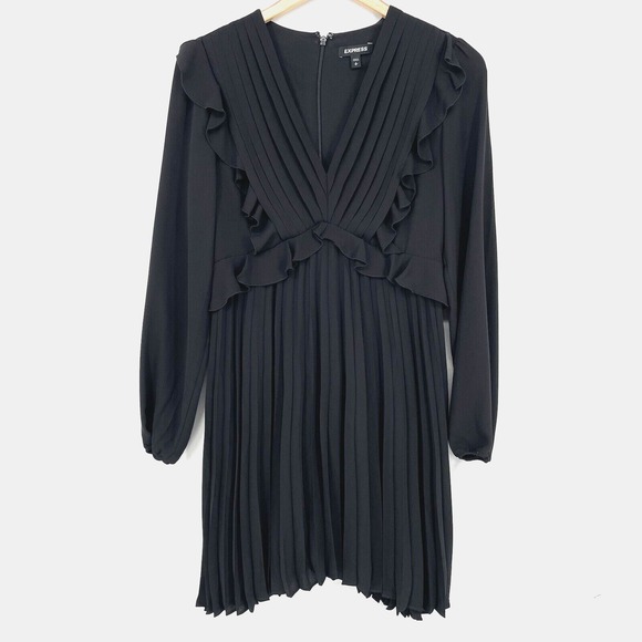Express‎ Pleated Ruffle Sheer Long Sleeve Black Dress Size S Chiffon Party - Picture 1 of 10